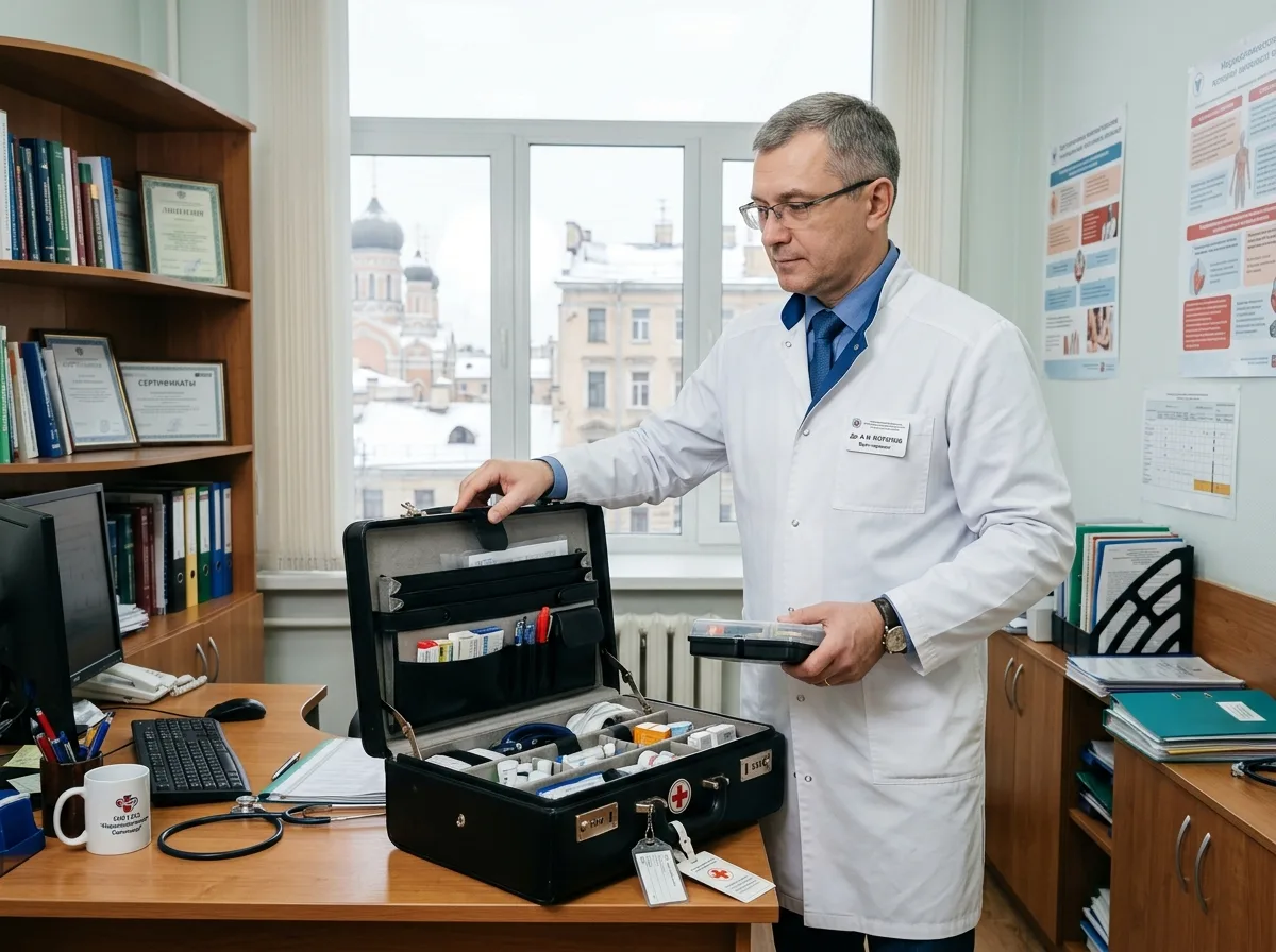 Врач-нарколог в белом халате с медицинским чемоданчиком готовится к выезду на дом, уверенный профессиональный вид, светлый медицинский кабинет Санкт-Петербург