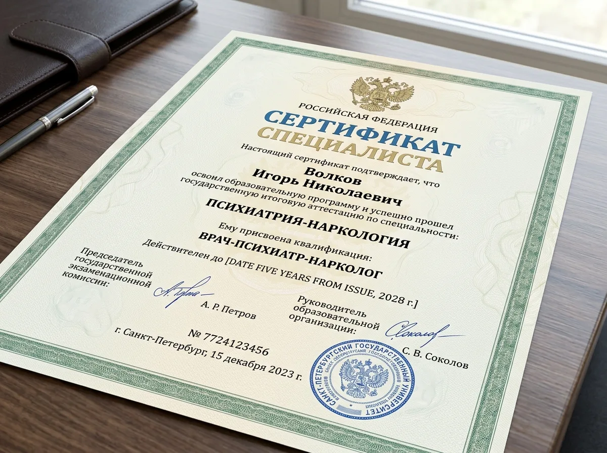 Сертификат специалиста врача психиатра-нарколога, документ государственного образца с подписью и гербовой печатью, Санкт-Петербург