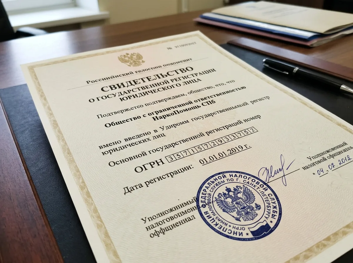 Свидетельство о государственной регистрации ООО НаркоПомощь СПб, документ с гербовой печатью налоговой инспекции Санкт-Петербурга
